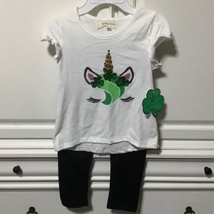 NWT girls size 6 Unicorn St. Patrick’s Day 2 pc , btween, black pants, white top